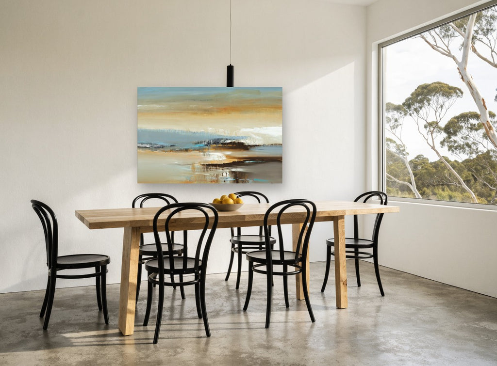 Dusk Shoreline Haze landscape canvas print on the wall of a dining room