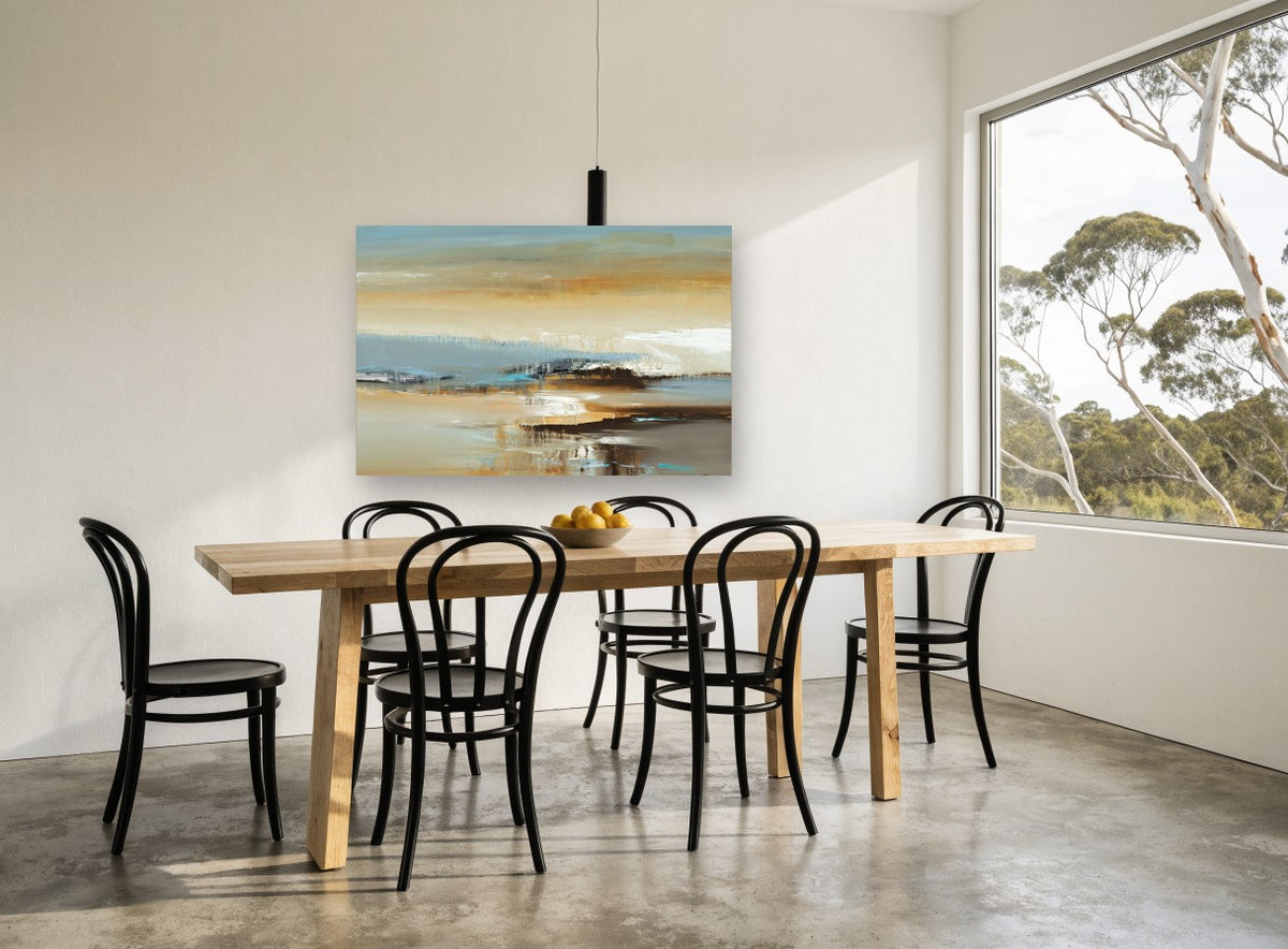Dusk Shoreline Haze landscape canvas print on the wall of a dining room