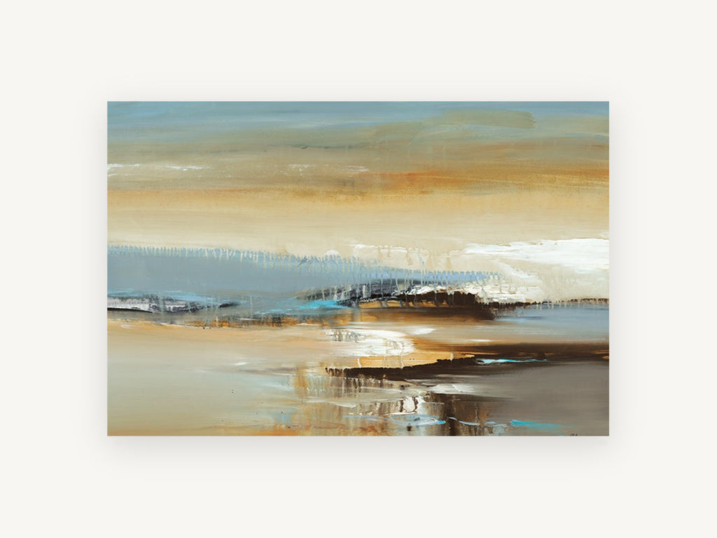 Dusk Shoreline Haze, abstract shoreline landscape in earth tones, landscape canvas wall art print, front view