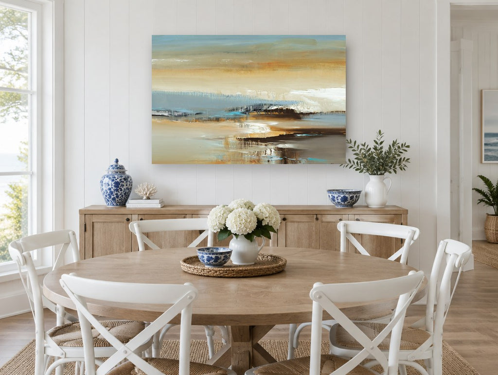 Dusk Shoreline Haze landscape canvas print on the wall of a Hamptons dining room