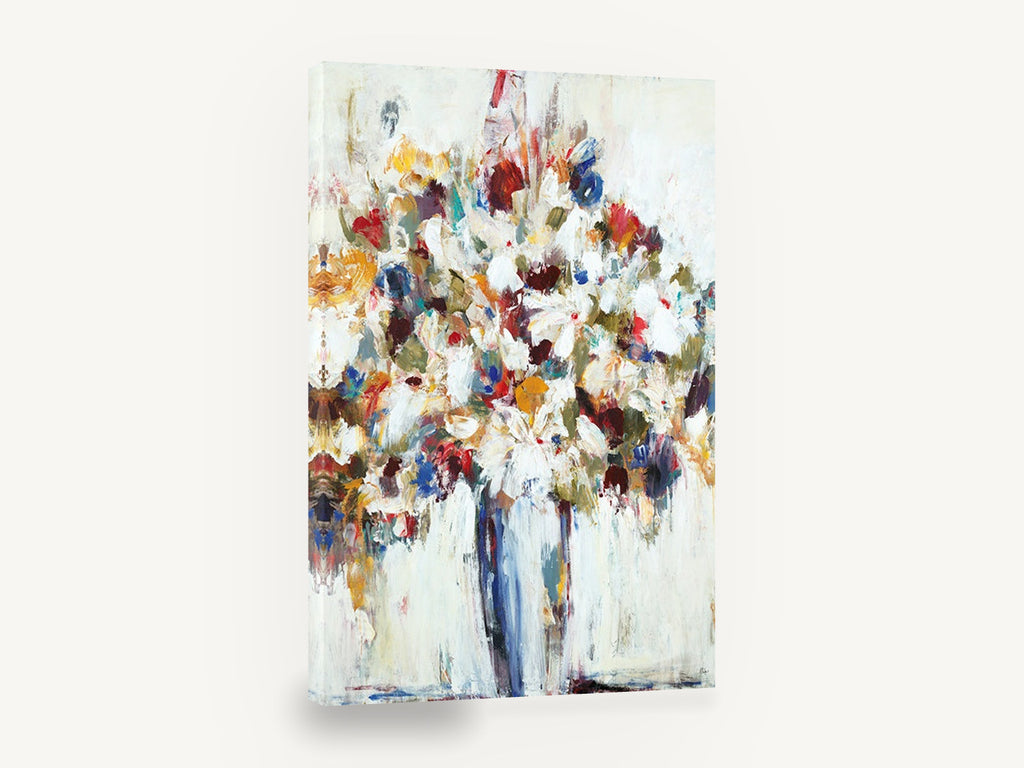 Jubilant Bouquet, abstract bouquet in vase contemporary floral, floral canvas wall art print ready to hang