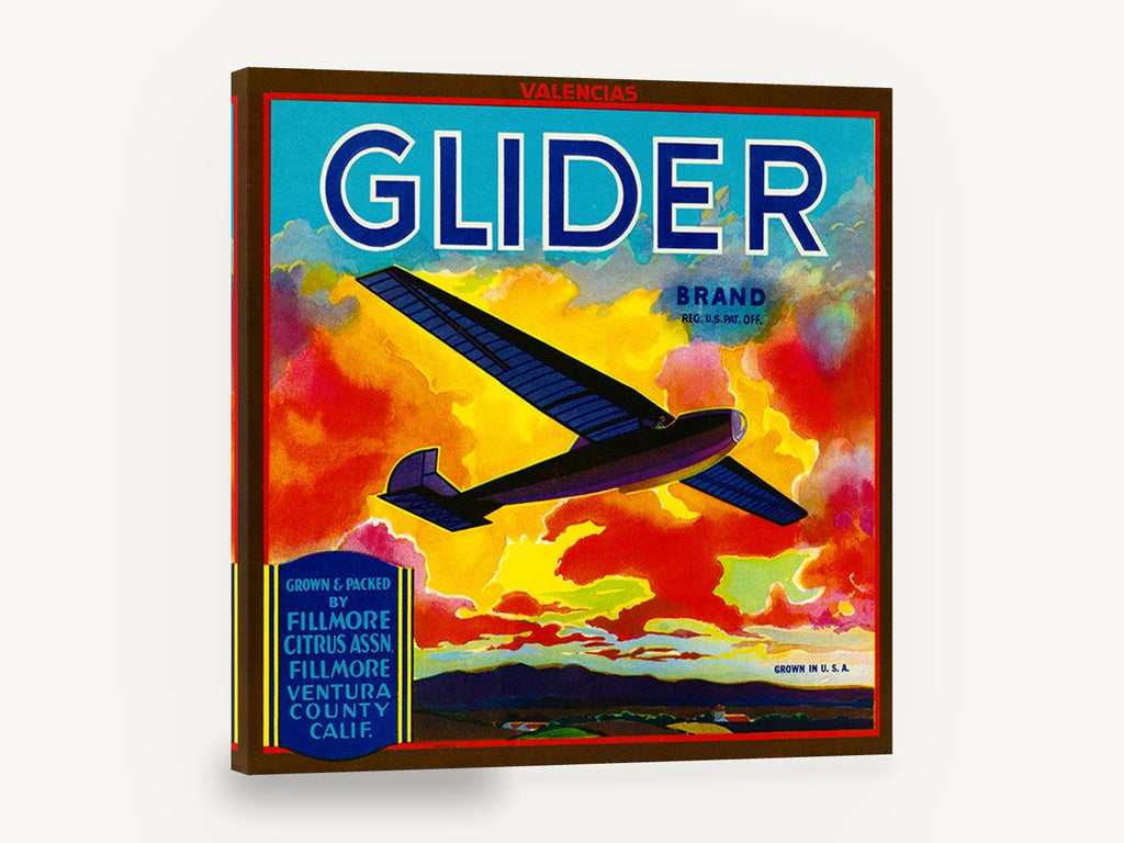 Glider Over Fiery Clouds, vintage glider citrus crate label, stretched canvas wall art print ready to hang