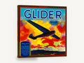 Glider Over Fiery Clouds, vintage glider citrus crate label, stretched canvas wall art print ready to hang