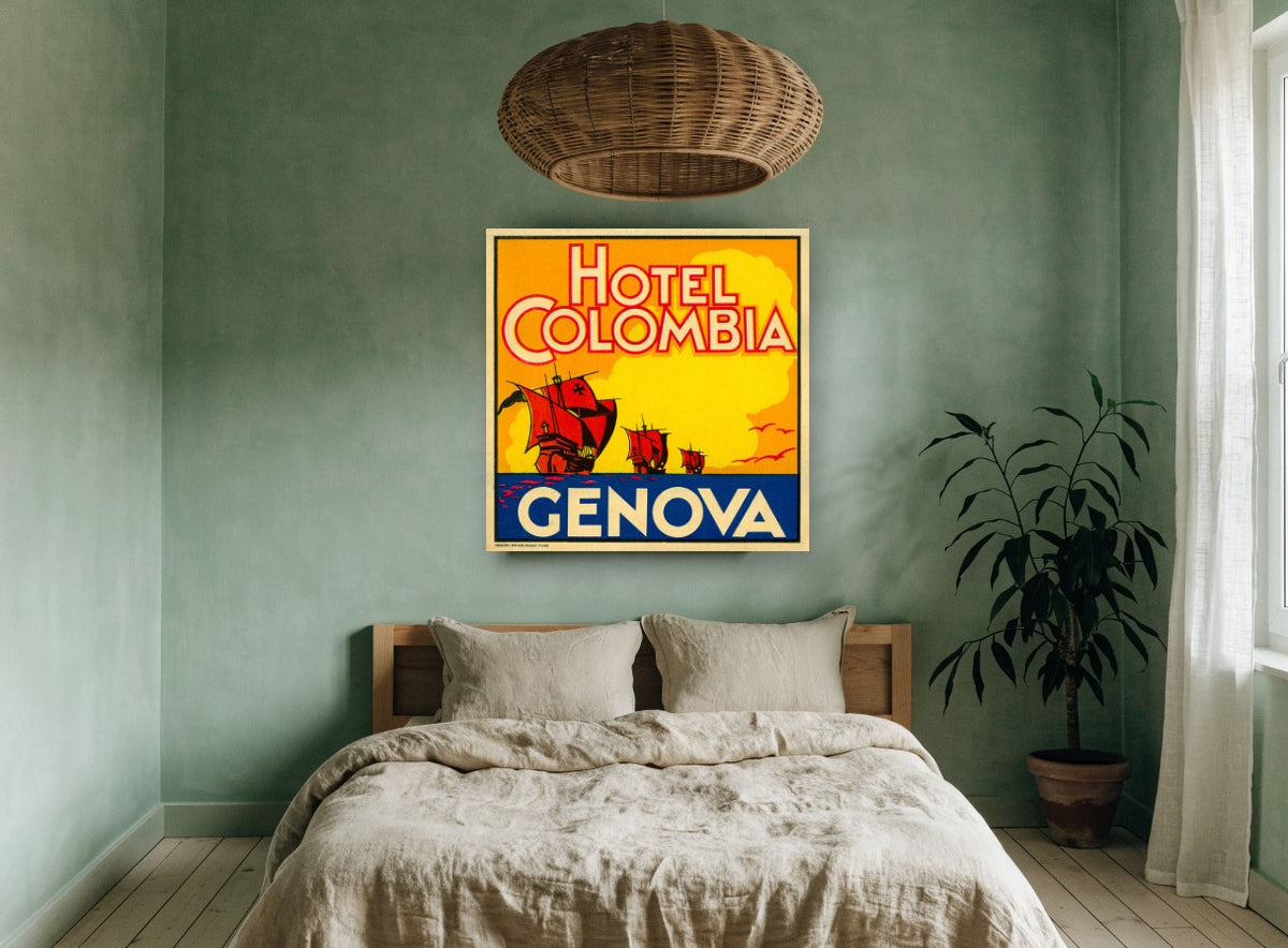 Colombia Ships of Genova vintage canvas print on the wall of a bedroom