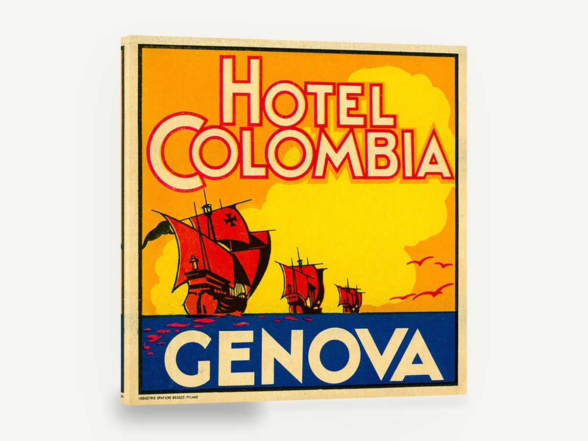 Colombia Ships of Genova, vintage hotel colombia genova luggage label, stretched canvas wall art print ready to hang