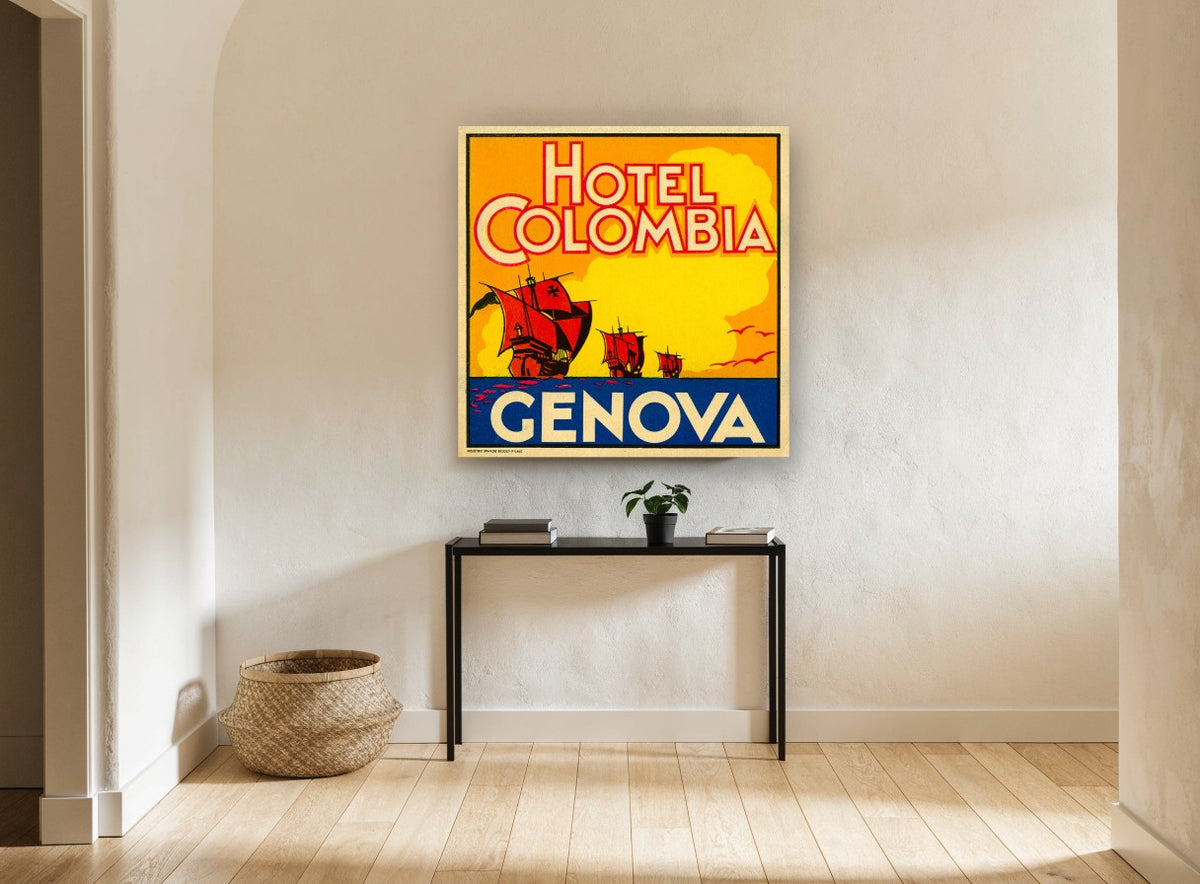 Colombia Ships of Genova vintage canvas print on the wall of a hallway