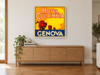 Colombia Ships of Genova vintage canvas print on the wall of a living room above a sideboard