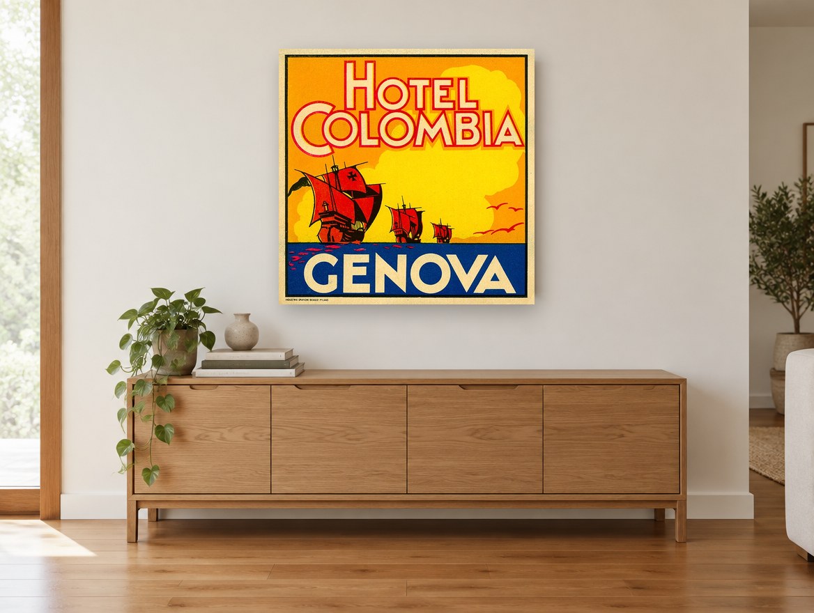 Colombia Ships of Genova vintage canvas print on the wall of a living room above a sideboard