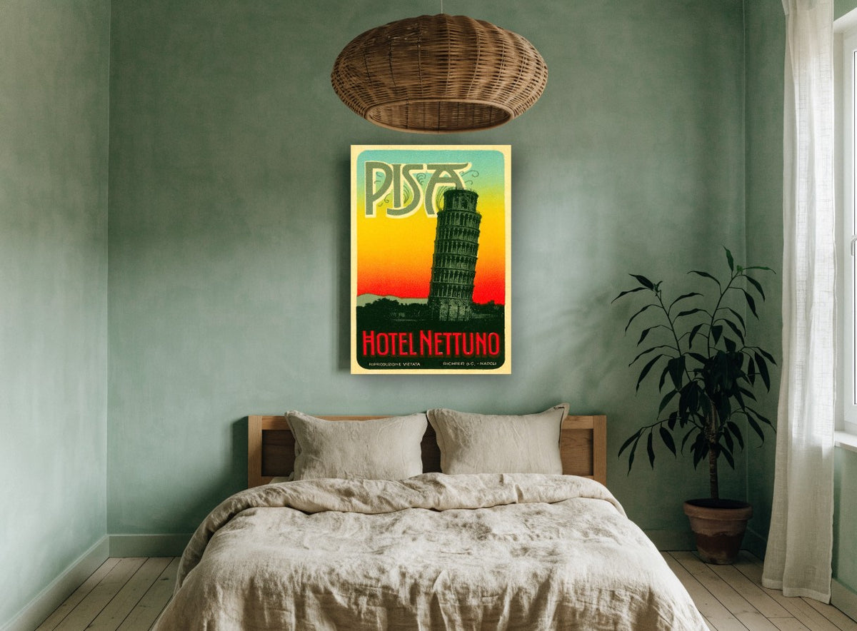 Pisa Leaning Tower Label vintage canvas print on the wall of a bedroom