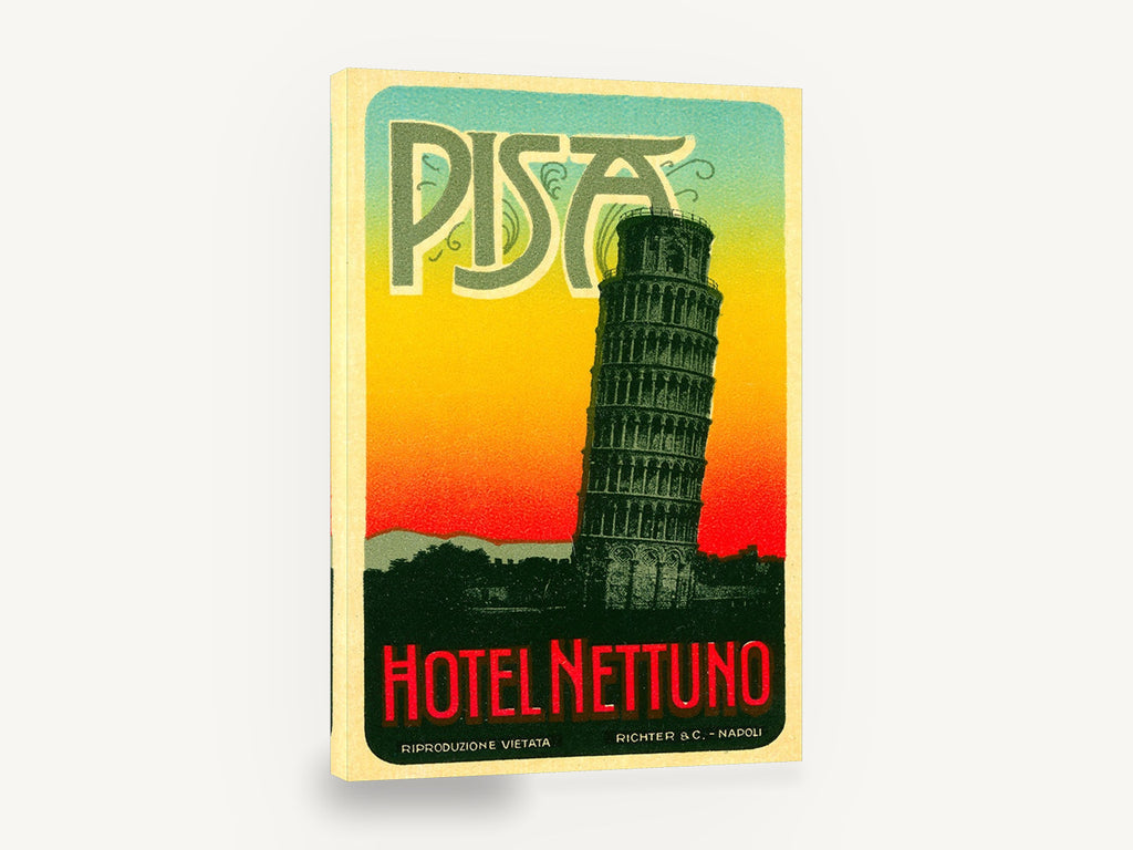 Pisa Leaning Tower Label, vintage pisa hotel luggage label, stretched canvas wall art print ready to hang