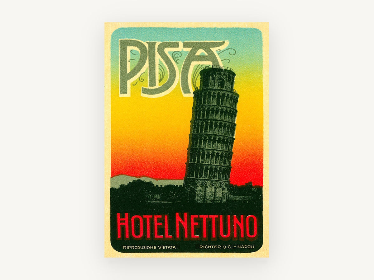 Pisa Leaning Tower Label, vintage canvas wall art print, front view