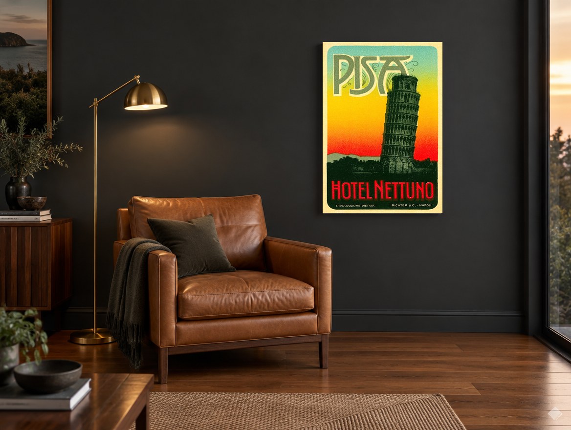 Pisa Leaning Tower Label vintage canvas print on the wall of a charcoal living room