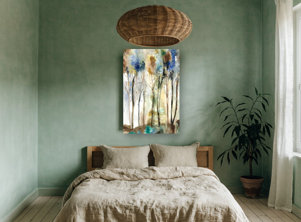 Misty Grove Wash floral canvas print on the wall of a bedroom