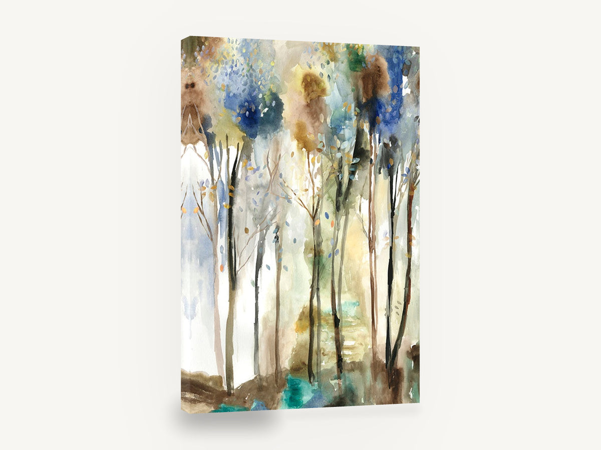 Misty Grove Wash, watercolour trees blue and ochre landscape, floral canvas wall art print ready to hang