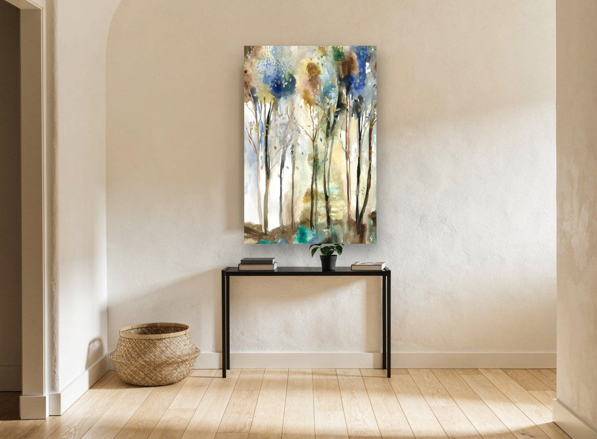 Misty Grove Wash floral canvas print on the wall of a hallway