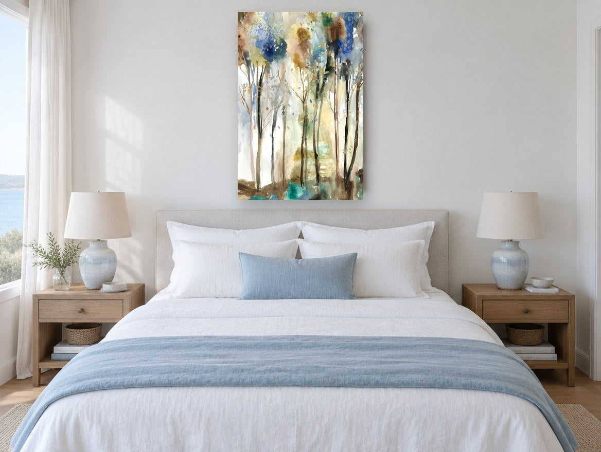 Misty Grove Wash floral canvas print on the wall of a coastal bedroom