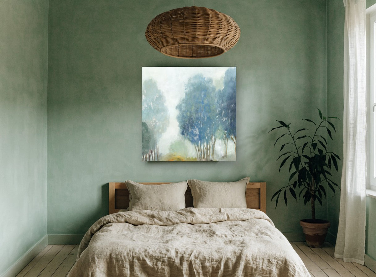 Blue Mist Grove floral canvas print on the wall of a bedroom