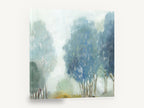 Blue Mist Grove, misty blue trees landscape painting, floral canvas wall art print ready to hang
