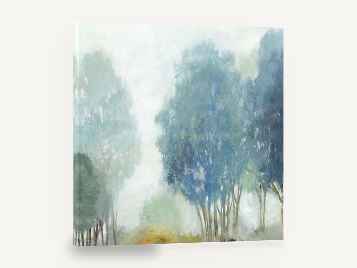 Blue Mist Grove, misty blue trees landscape painting, floral canvas wall art print ready to hang