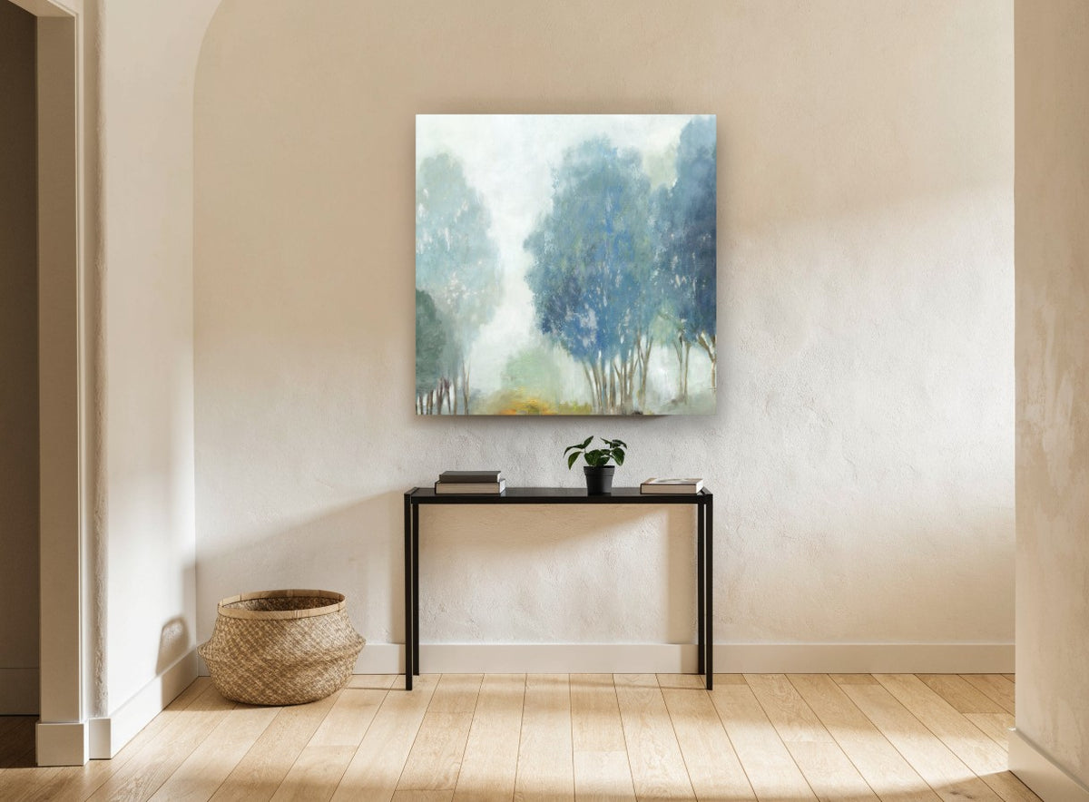 Blue Mist Grove floral canvas print on the wall of a hallway