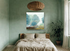 Misty Teal Grove floral canvas print on the wall of a bedroom