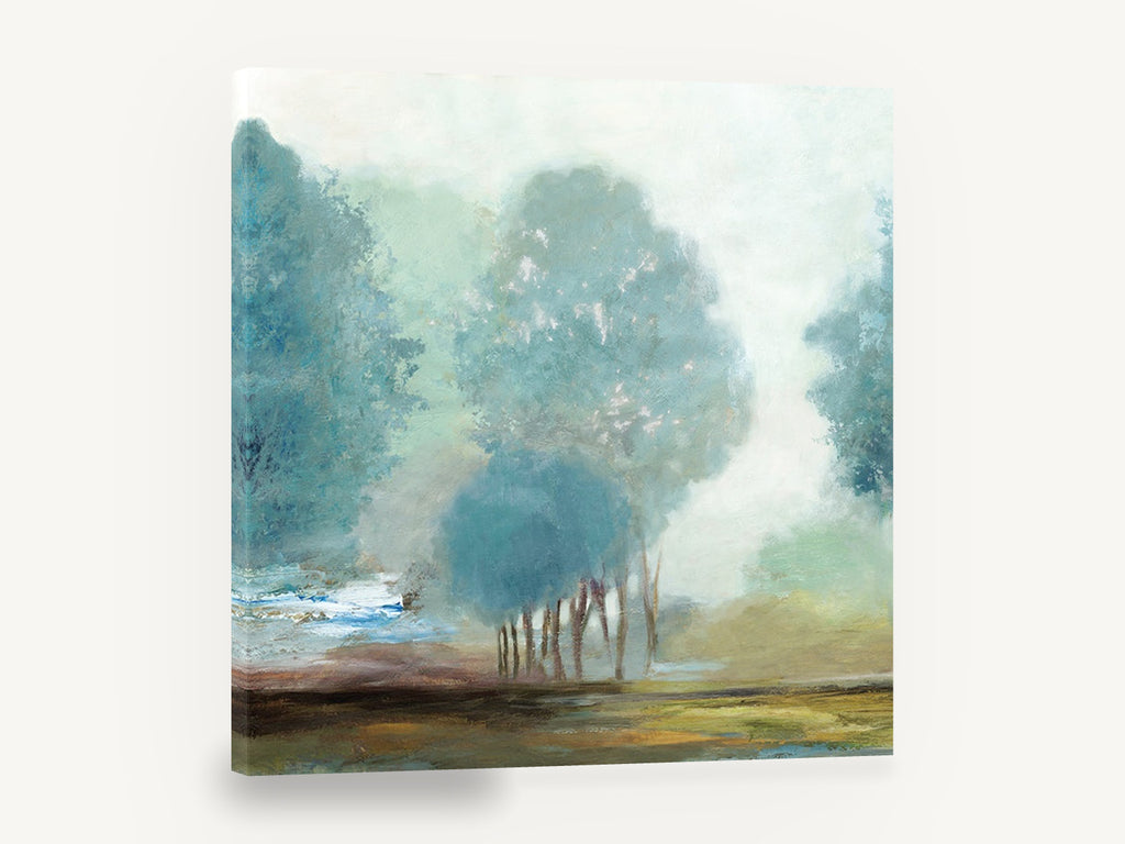 Misty Teal Grove, misty blue trees landscape painting, floral canvas wall art print ready to hang