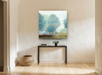Misty Teal Grove floral canvas print on the wall of a hallway