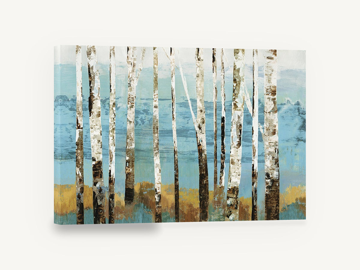 Birch Grove Teal, birch trunks teal blue abstract landscape, floral canvas wall art print ready to hang