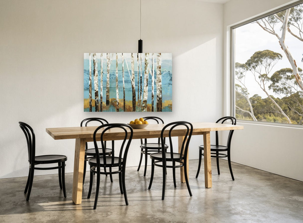 Birch Grove Teal floral canvas print on the wall of a dining room