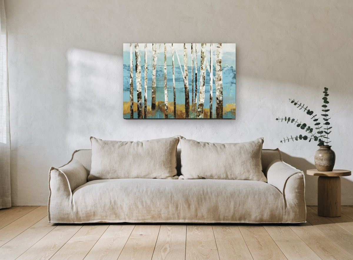 Birch Grove Teal floral canvas print on the wall of a living room