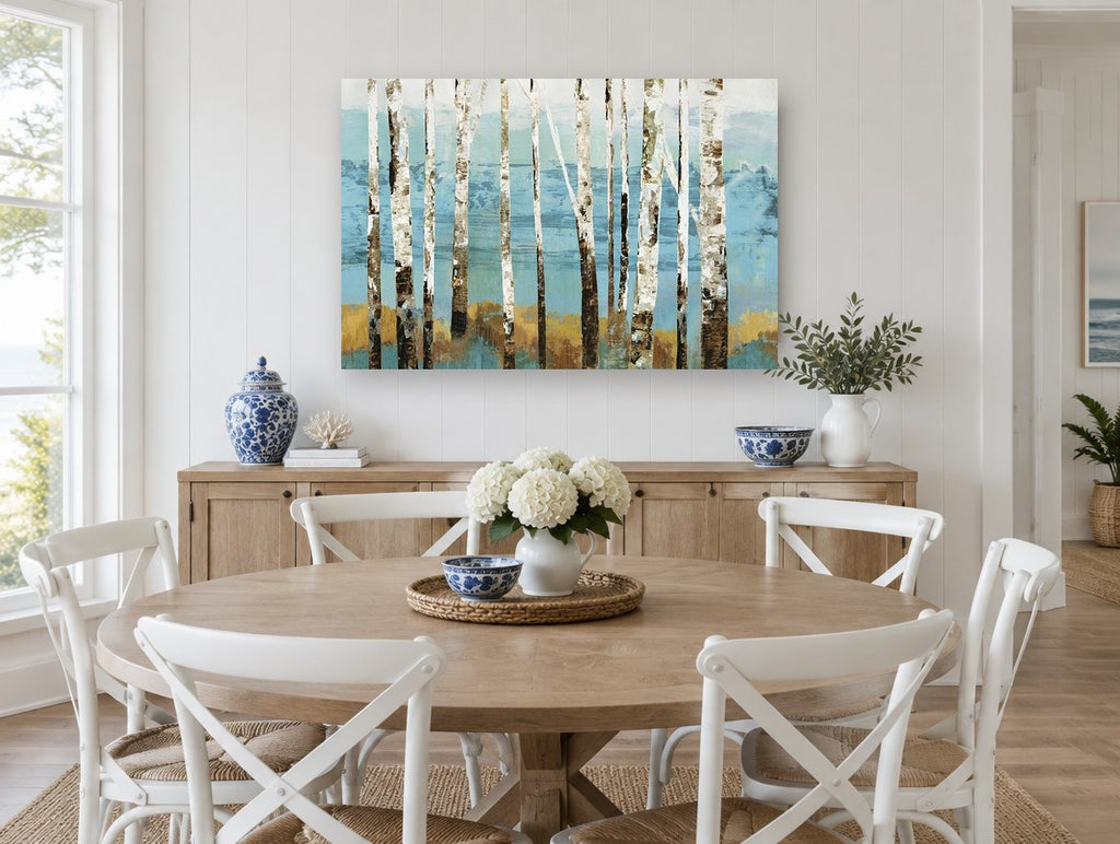 Birch Grove Teal floral canvas print on the wall of a Hamptons dining room