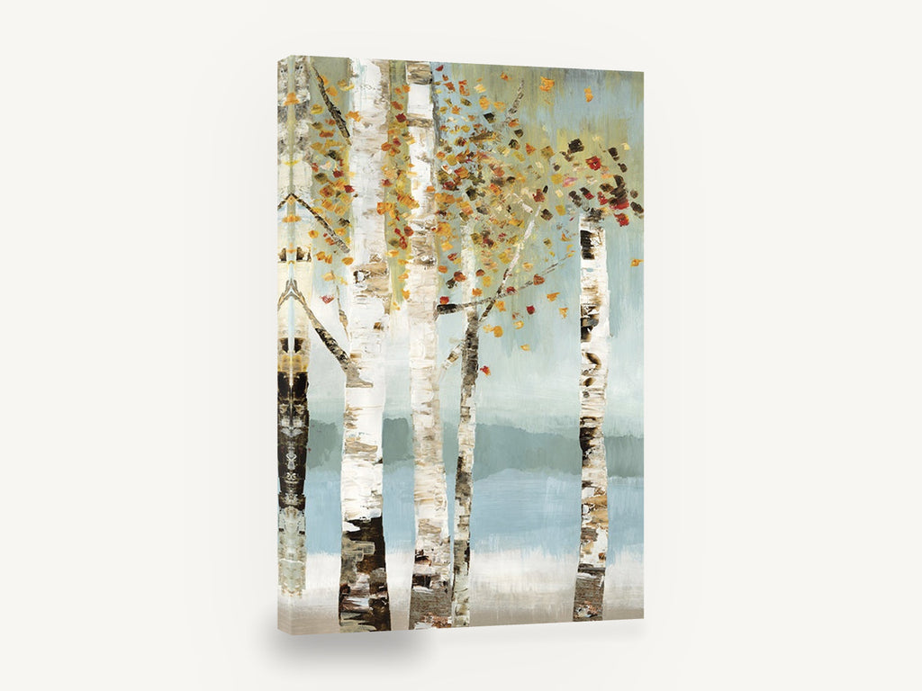 Birch Grove Autumn Haze, autumn birch trees textured landscape, floral canvas wall art print ready to hang