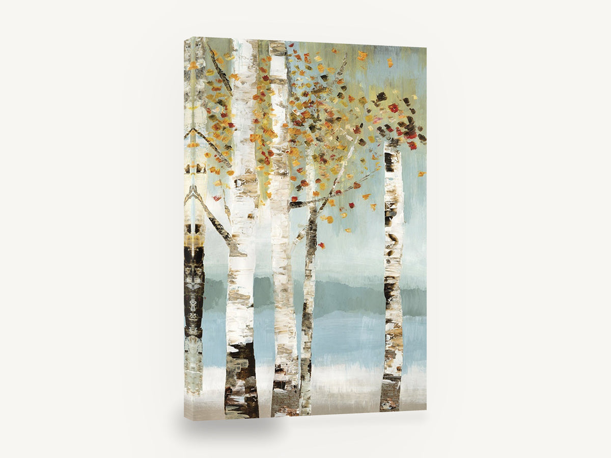 Birch Grove Autumn Haze, autumn birch trees textured landscape, floral canvas wall art print ready to hang
