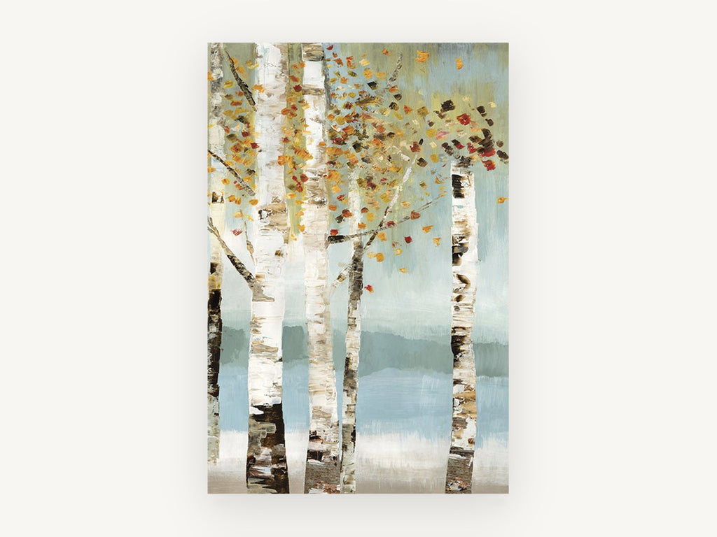 Birch Grove Autumn Haze, floral canvas wall art print, front view