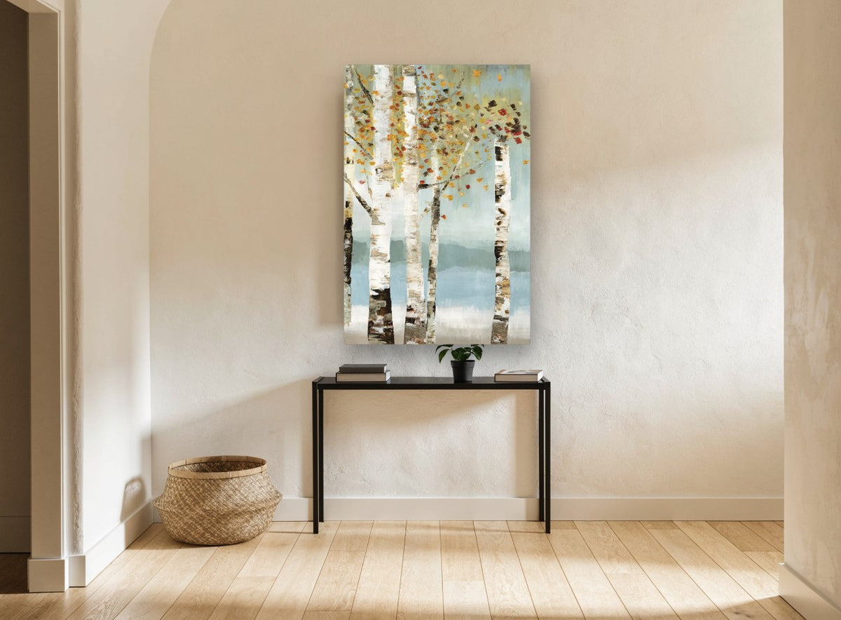 Birch Grove Autumn Haze floral canvas print on the wall of a hallway