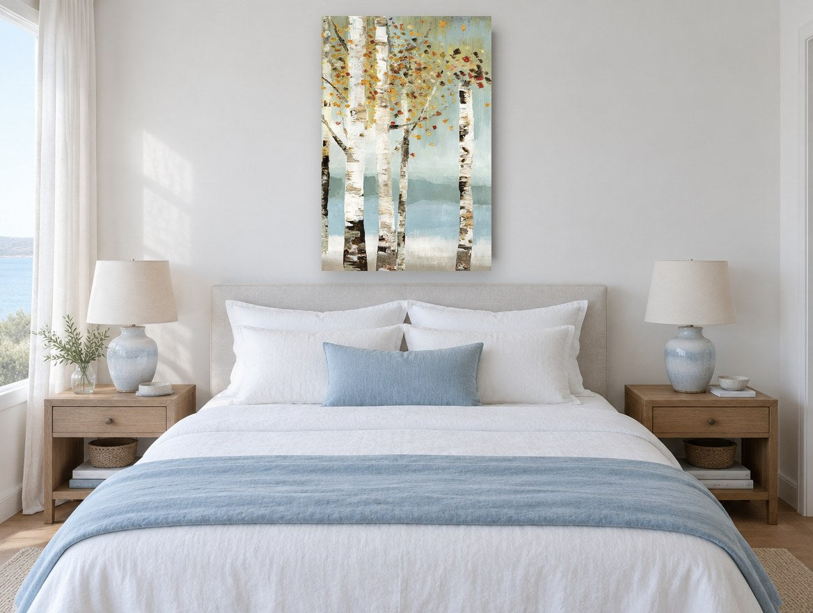 Birch Grove Autumn Haze floral canvas print on the wall of a coastal bedroom