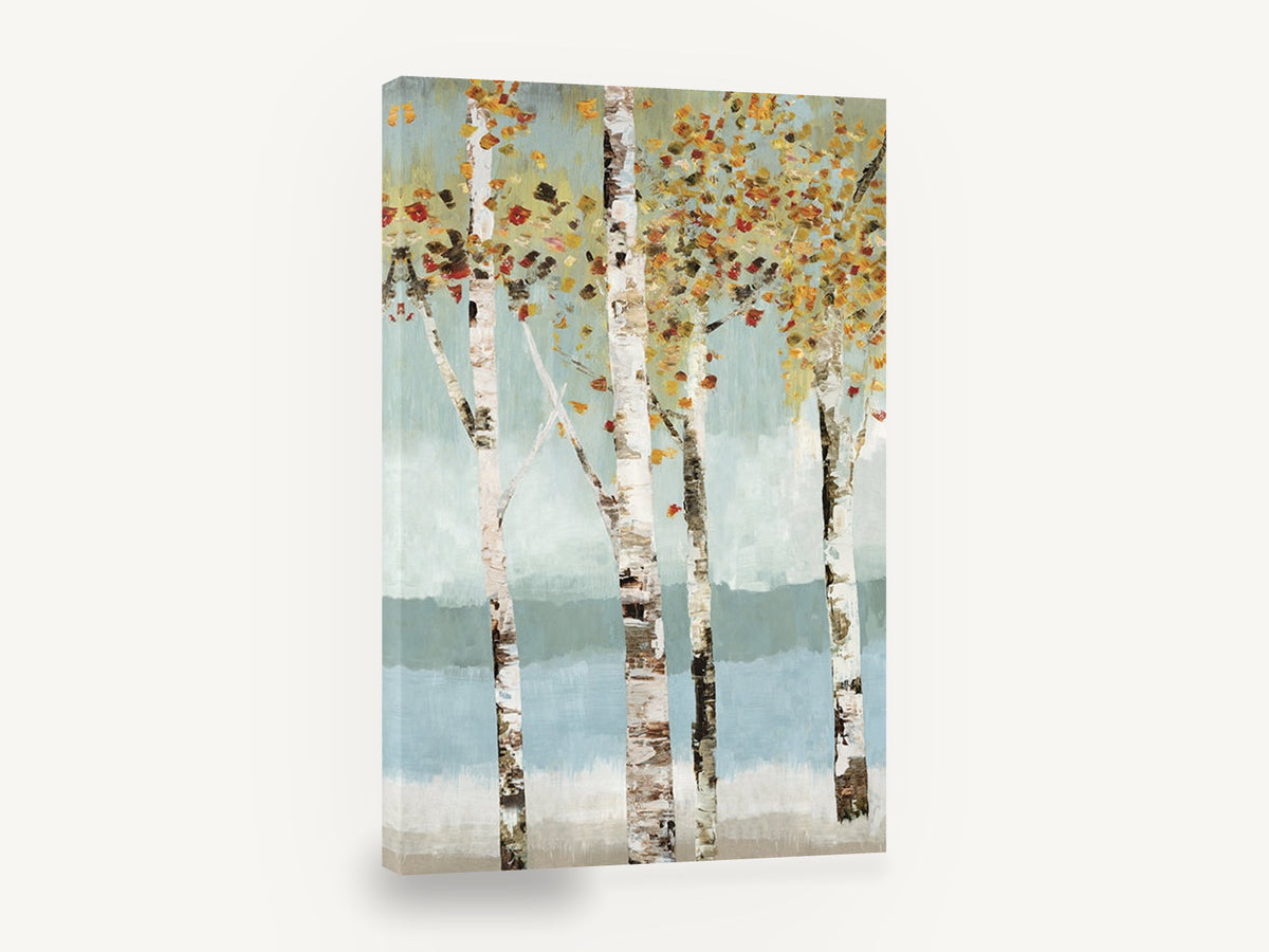 Autumn Birch Reflections, autumn birch trees landscape painting, floral canvas wall art print ready to hang