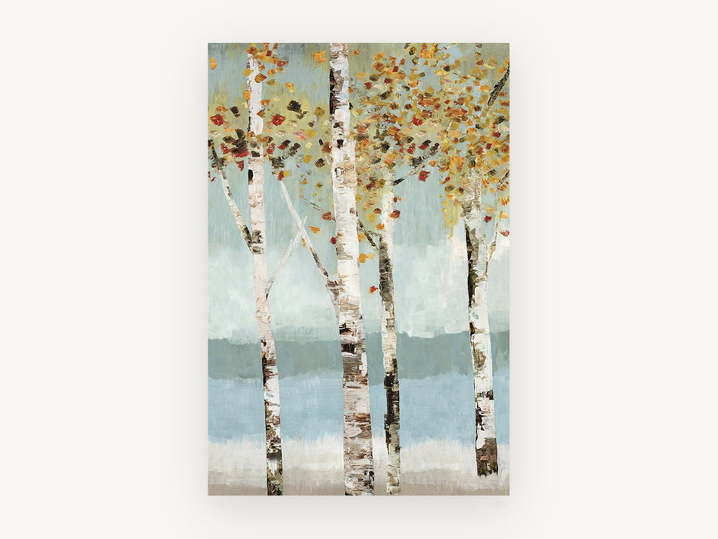 Autumn Birch Reflections, floral canvas wall art print, front view