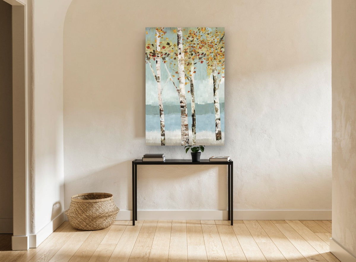 Autumn Birch Reflections floral canvas print on the wall of a hallway