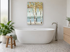 Autumn Birch Reflections floral canvas print on the wall of a bathroom