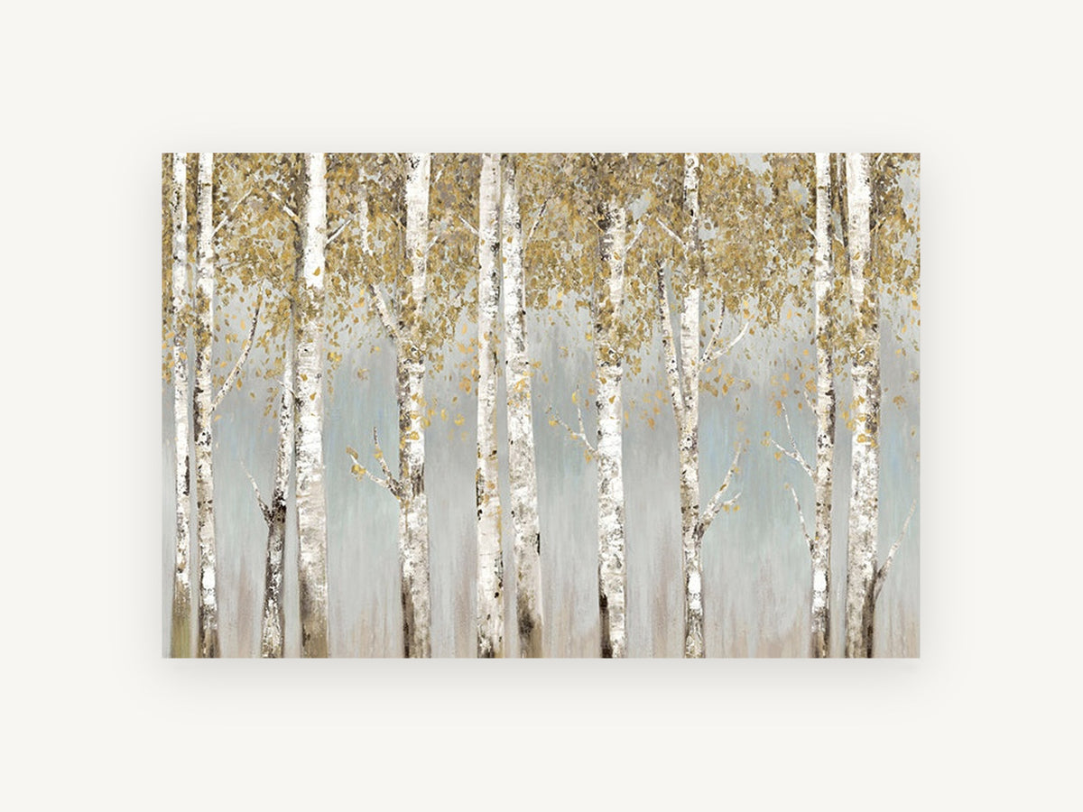 Golden Birch Haze, floral canvas wall art print, front view
