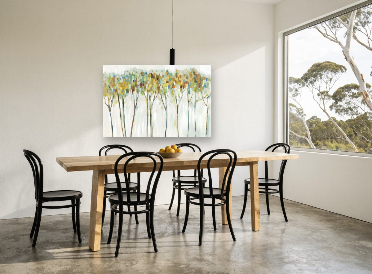 Dappled Canopy Row floral canvas print on the wall of a dining room
