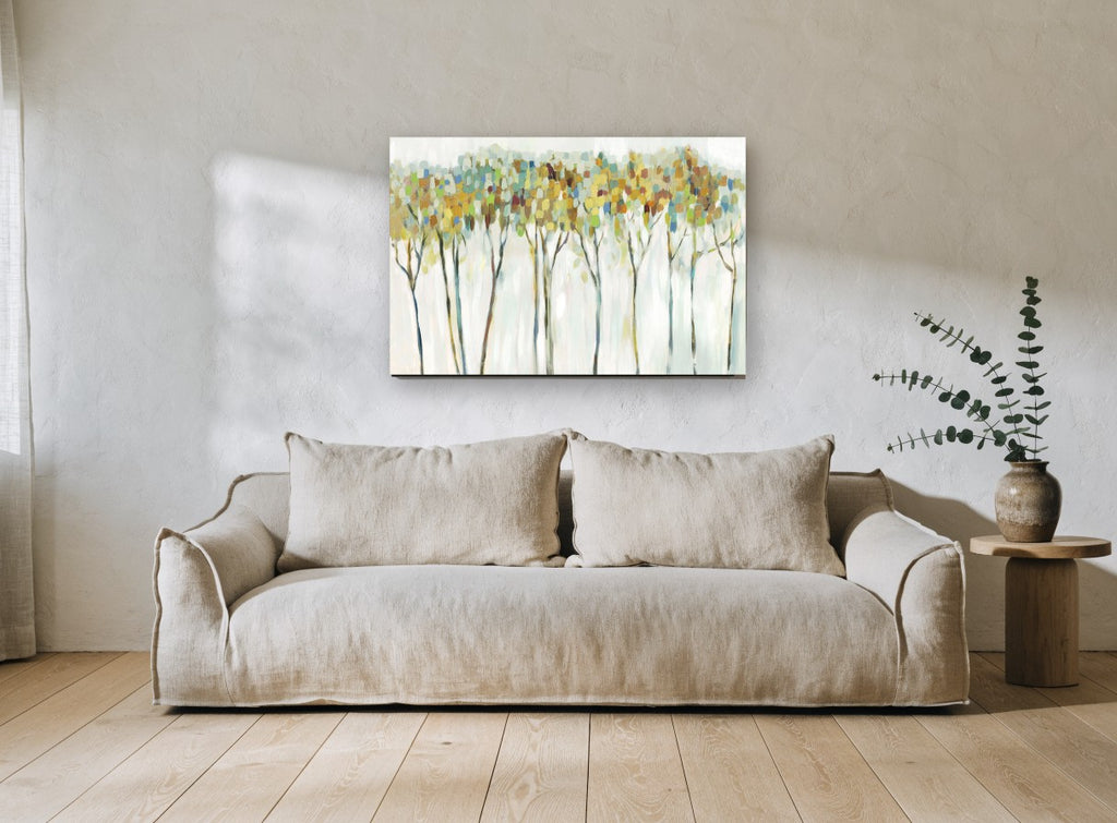 Dappled Canopy Row floral canvas print on the wall of a living room