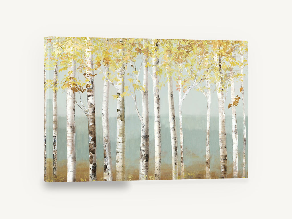 Misty Teal Birch Haze, golden birch trees misty landscape, floral canvas wall art print ready to hang