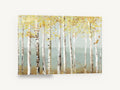 Misty Teal Birch Haze, golden birch trees misty landscape, floral canvas wall art print ready to hang