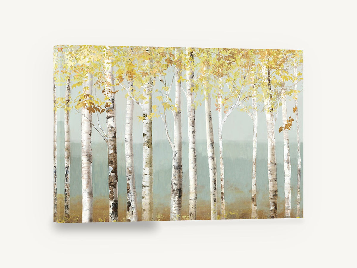 Misty Teal Birch Haze, golden birch trees misty landscape, floral canvas wall art print ready to hang