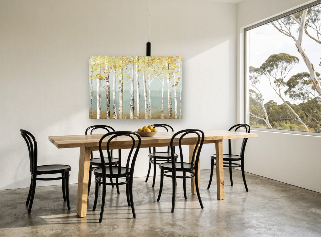 Misty Teal Birch Haze floral canvas print on the wall of a dining room