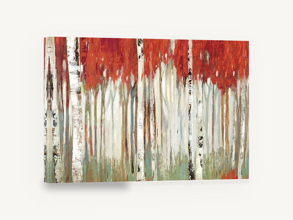 Crimson Birch Grove, red birch forest abstract landscape, floral canvas wall art print ready to hang