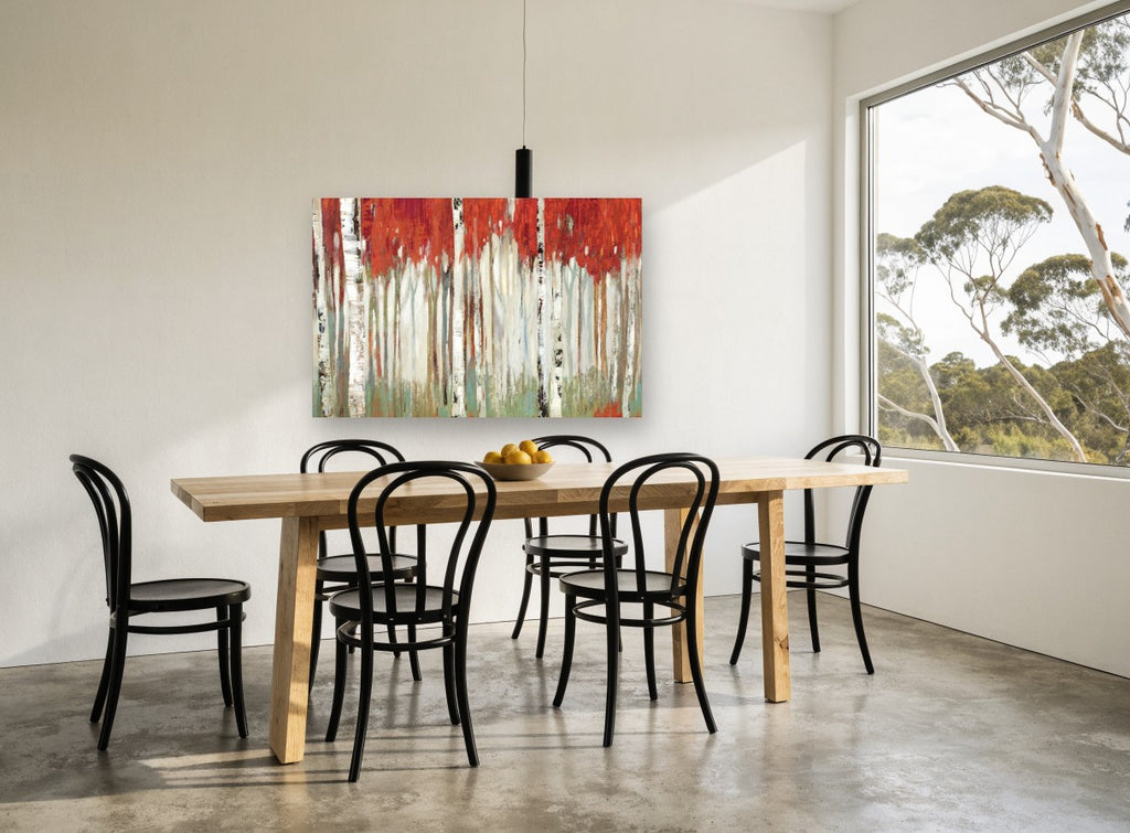 Crimson Birch Grove floral canvas print on the wall of a dining room