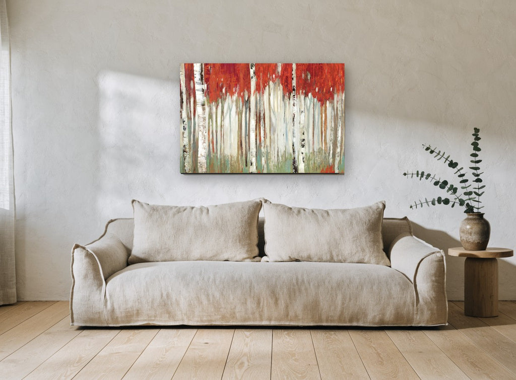 Crimson Birch Grove floral canvas print on the wall of a living room